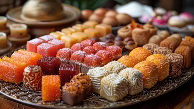 A close-up of traditional Eid Al-Adha sweets and treats arranged on a decorative plate. photo