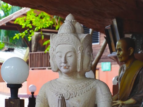 Buddha statues and sculptures at Phu Thok or Wat Chetiyakhiri ,Beautiful mountain landscape with rocky cliffs, Bueng Kan Province, Thailand. photo