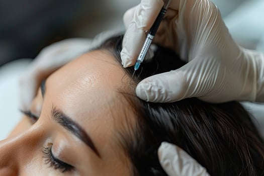 Needle mesotherapy. A cosmetologist makes injections into a woman head to strengthen and grow hair. Generated by artificial intelligence photo