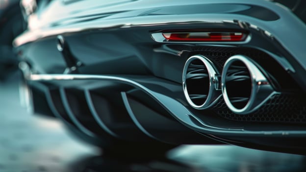 The exhaust pipes of an exclusive sports car model captured in closeup as they emit a fierce roar and display the precision design of the dual exhaust system photo