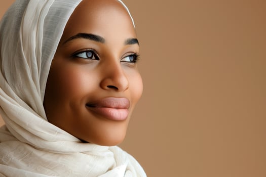 Portrait Of Smiling Woman Wearing White Hijab On Beige Background, Close-Up Of Beautiful Female Face With Natural Makeup, Elegant And Serene Expression, Warm And Inviting Atmosphere, Horizontal photo