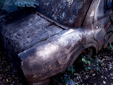 Old abandoned and rusty vintage retro car. The car is in very bad condition. Story from the past automotive concept background. photo