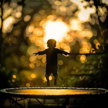 a child jumping on a trampoline at sunset photo