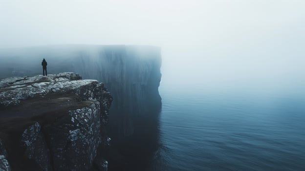 A solitary figure contemplating a misty cliff overlooking the serene waters photo