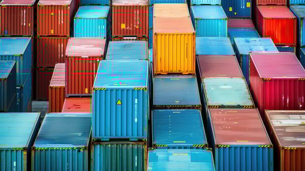 Colorful shipping containers stacked at a port, creating an impressive geometric pattern highlighting global trade and logistics. photo