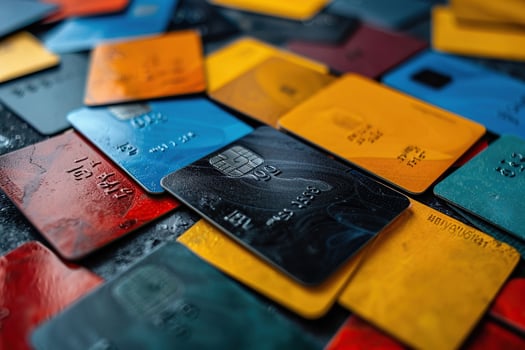 A stack of colorful bank cards. Generated by artificial intelligence photo