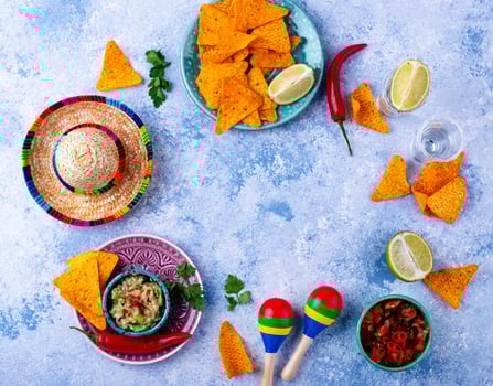 Traditional Mexican food nachos, salsa, guacamole, tequila. photo