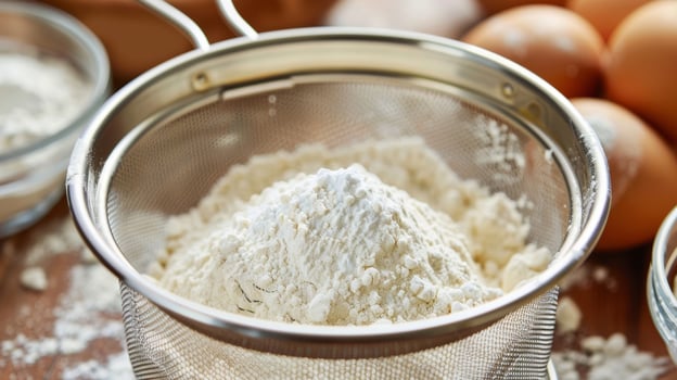 A detailed shot of a flour sifter with a removable mesh screen allowing for even sifting and providing a smooth clumpfree batter or dough photo