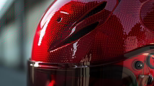 A closeup of a bright red helmet with intricate mesh detailing on the front emphasizing both style and ventilation photo