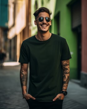 A man wearing a green t-shirt smiles while walking down a city alley photo
