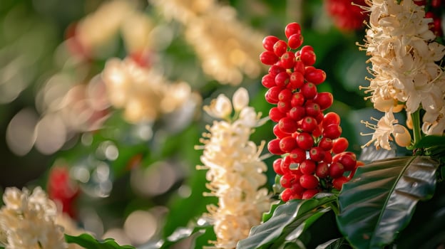 Coffee berries and white blossoms on a coffee plant photo