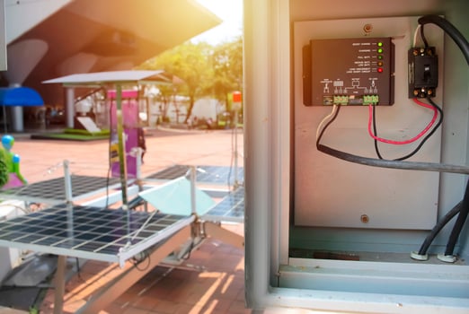 working solar station photovoltaic panels,Transformer is a front view. photo