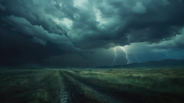 Powerful Lightning Strikes Over Open Field in Dark Storm photo