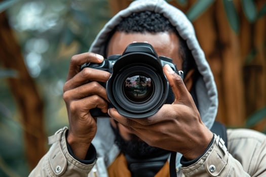 man hand holding camera looking through lens. photo