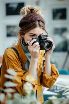 Happy Woman Holding Camera Taking Photo .