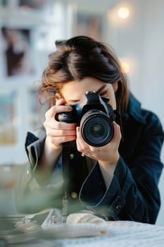 Happy Woman Holding Camera Taking Photo .