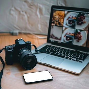 Photographer's workplace on a white background. Camera Beside a Laptop. photo