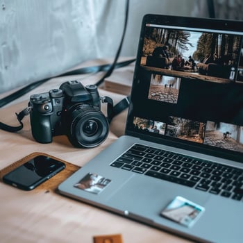 Photographer's workplace on a white background. Camera Beside a Laptop. photo
