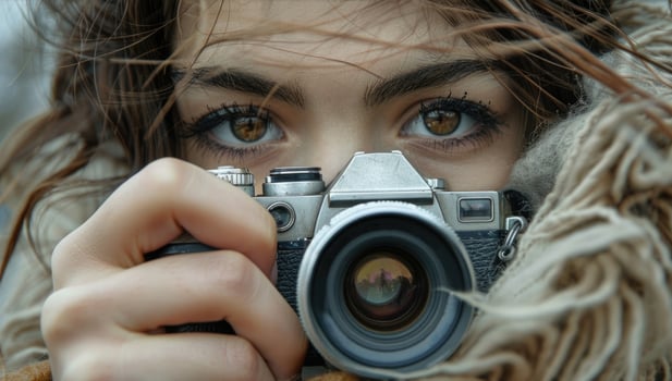 woman holding camera looking through lens. photo