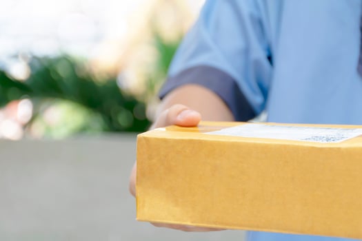 Closeup hands of delivery man holding package to deliver. photo