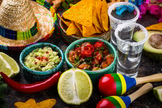 Traditional Mexican food nachos, salsa, guacamole, tequila. photo