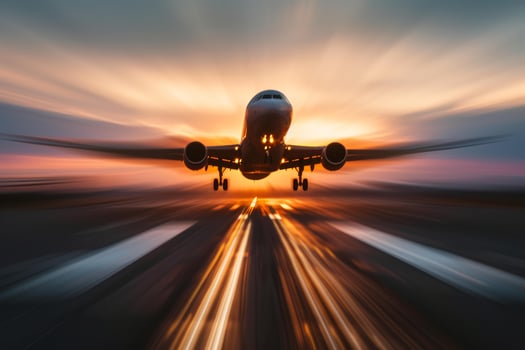 Sunset flight - airplane landing at twilight photo