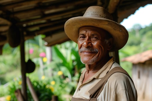 Smiling farmer in a hat outdoors photo