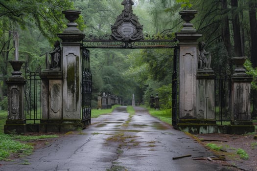 Majestic vintage cemetery gates surrounded by misty forest photo