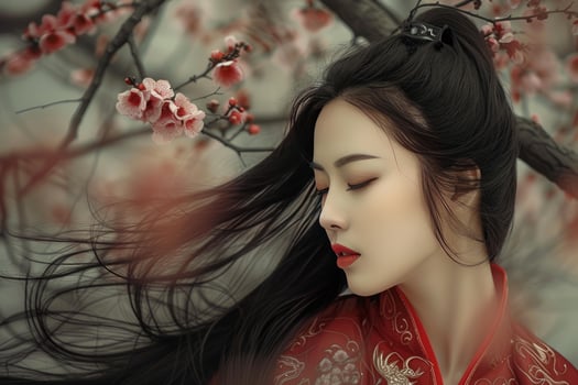 Serene beauty in traditional attire amidst blossoms photo