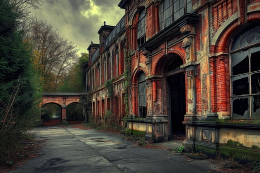 Abandoned victorian asylum amidst autumn foliage photo