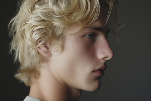 Thoughtful young man with blonde curly hair photo