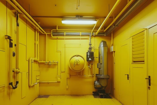 Yellow industrial room with pipes and lockers photo