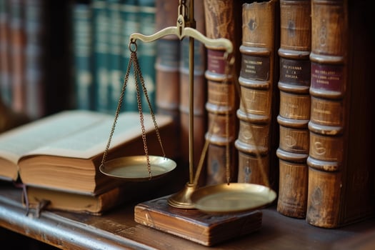 Justice scale amongst antique law books on shelf photo