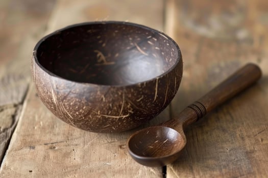 Rustic coconut bowl with wooden spoon on table photo