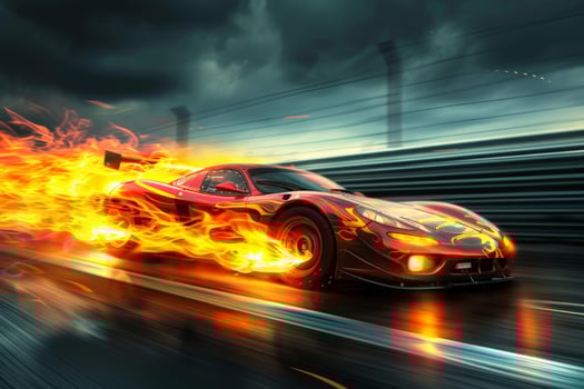 Speeding sports car engulfed in flames on asphalt photo