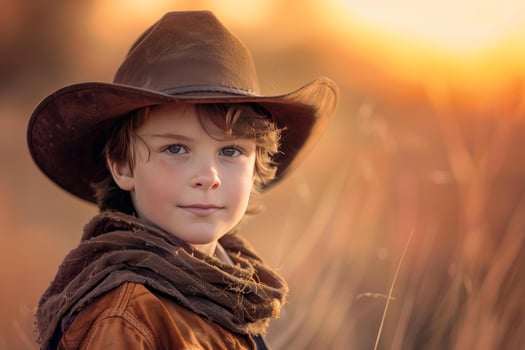 Portrait of a child with a cowboy hat during a golden sunset photo