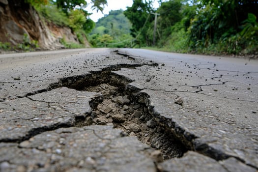 Cracked asphalt on a damaged rural road photo