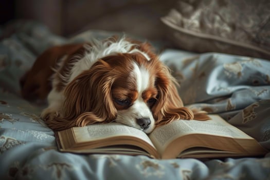 Thoughtful dog engrossed in reading photo