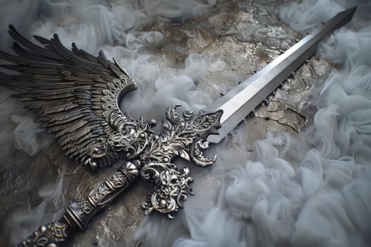 Ornate fantasy sword with angel wing hilt on misty background photo