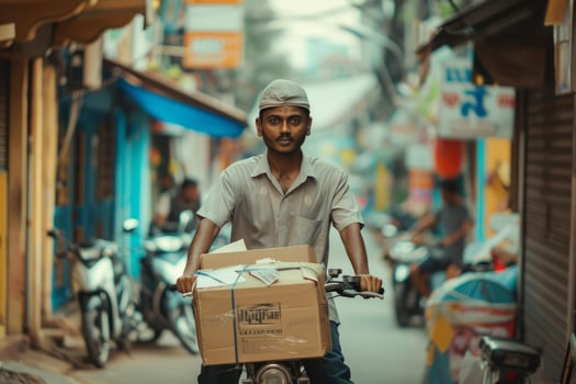 Delivery man on motorcycle in urban setting photo