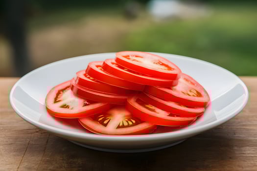 White plate with vibrant red tomato slices on wooden surface photo