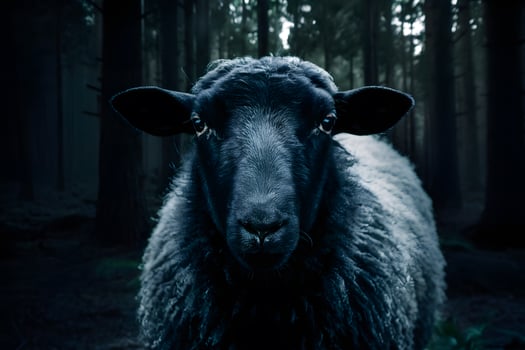 Closeup black sheep against a dark, dense forest background photo