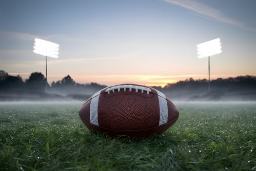 American football on dewy green field at sunrise, with brightening sky photo