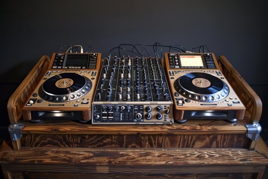 Professional dj setup with wooden finish photo