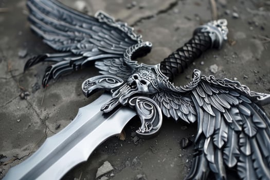Ornate eagle winged fantasy sword on ground photo