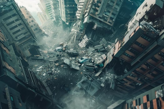 Surreal scenery of a city in ruins, depicting desolation and the aftermath of a catastrophe photo