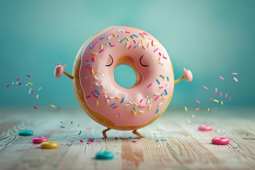 Joyful donut cartoon character dancing with sprinkles photo