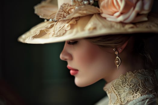 Victorian elegance, lady in vintage hat profile view photo