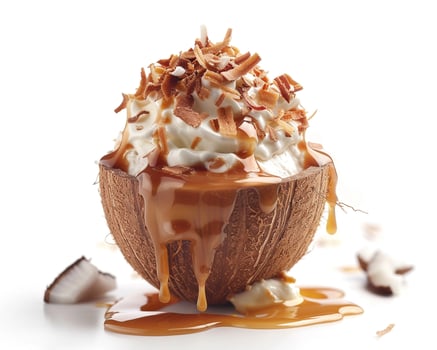 a coconut with whipped cream and caramel drizzle photo
