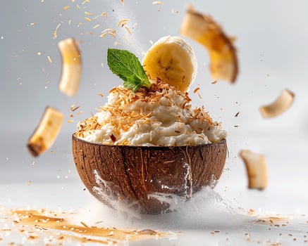 a bowl of ice cream with bananas and mint photo